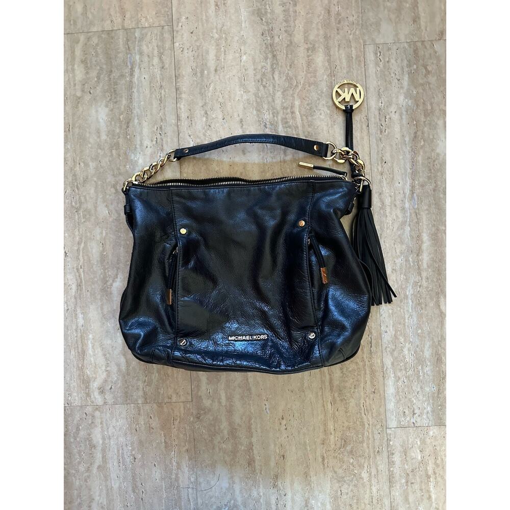 MICHAEL KORS BLACK LEATHER GOLD CHAIN DEVON LEATHER SHOULDER TOTE BAG PURSE